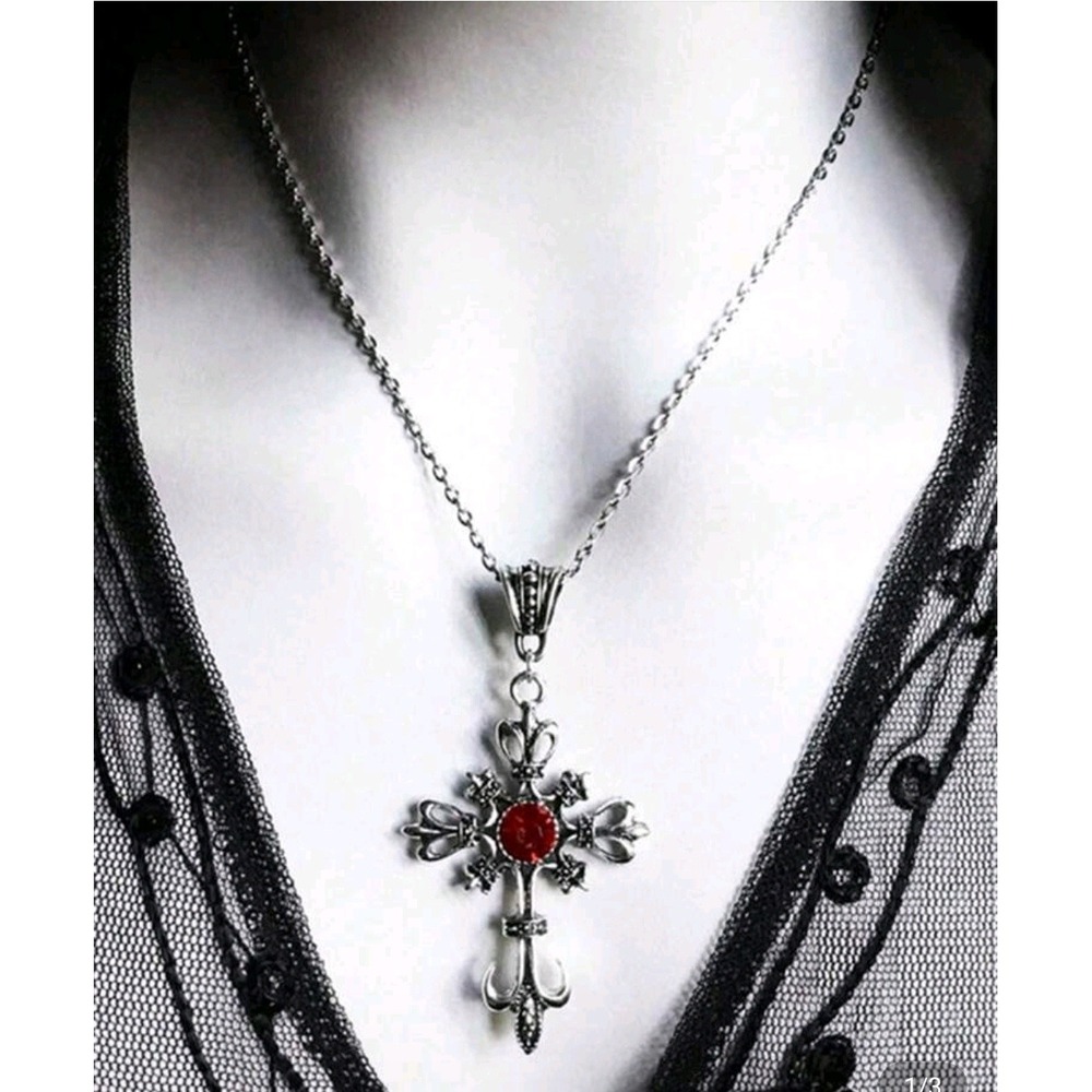 Cross Necklace Fleur de‎ Lis Pendant Red Jewel Gothic Victorian Silver Tone